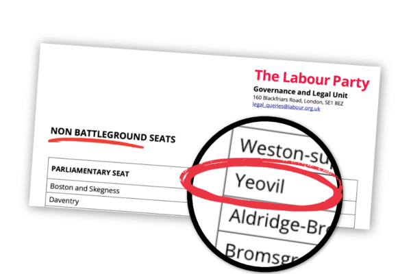 A document from Labour Party HQ showing 'non battleground seats'. Yeovil is on the list.