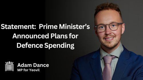 Banner with photo of Adam Dance on the right and Statement:  Prime Minister’s Announced Plans for Defence Spending in white text, with a House of Commons logo.